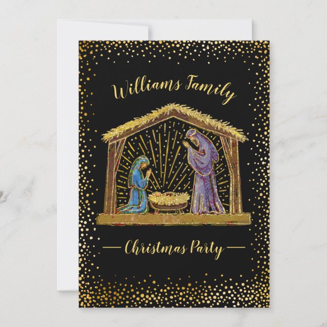 Christmas Nativity Black Gold Holiday Party Invitation (Front)