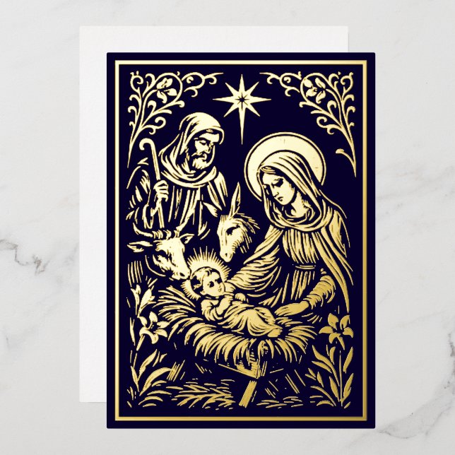 Christmas Nativity in Retro Art Nouveau Woodcut Foil Holiday Card (Front/Back)