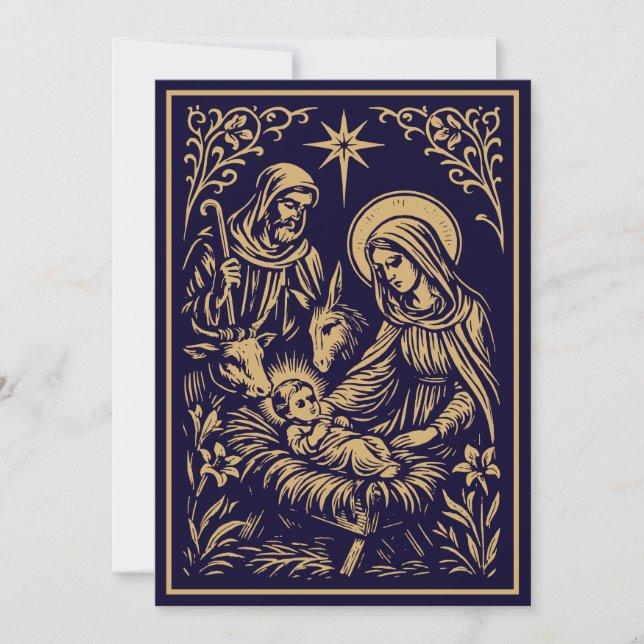 Christmas Nativity in Retro Art Nouveau Woodcut Holiday Card (Front)