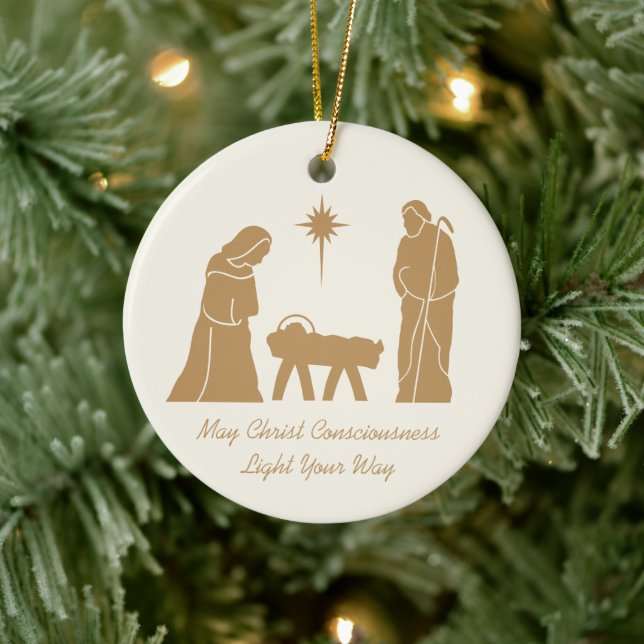 Christmas Nativity Inspirational Saying Gold Cream Ceramic Ornament (Tree)