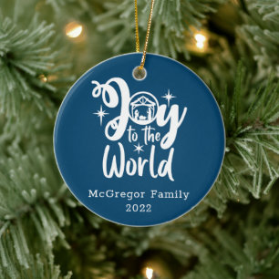 Christmas Nativity Joy to the World Blue & White Ceramic Ornament