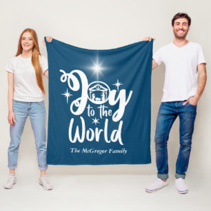 Christmas Nativity Joy to the World Blue & White Fleece Blanket