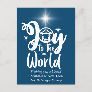 Christmas Nativity Joy to the World Blue & White Holiday Postcard