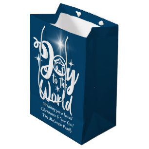 Christmas Nativity Joy to the World Blue & White Medium Gift Bag
