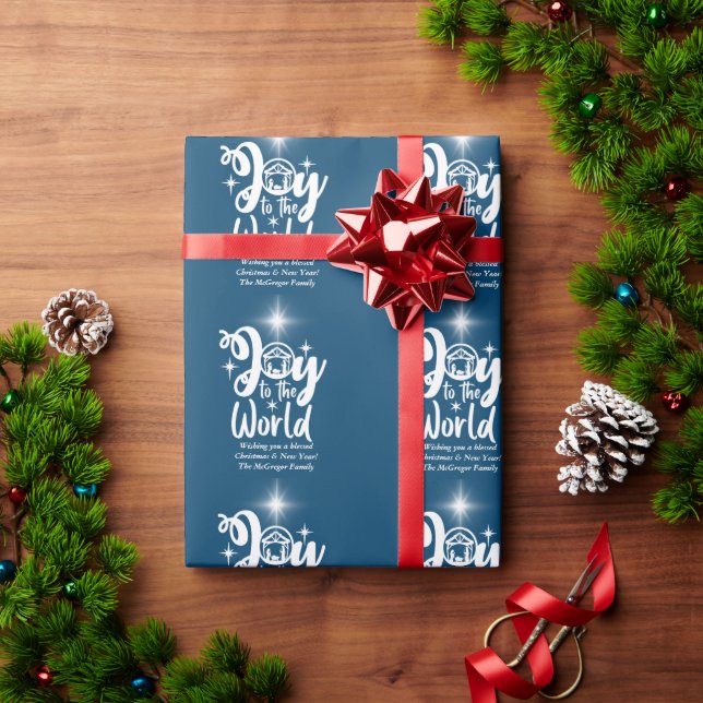 Christmas Nativity Joy to the World Blue & White Wrapping Paper (Holiday Gift)