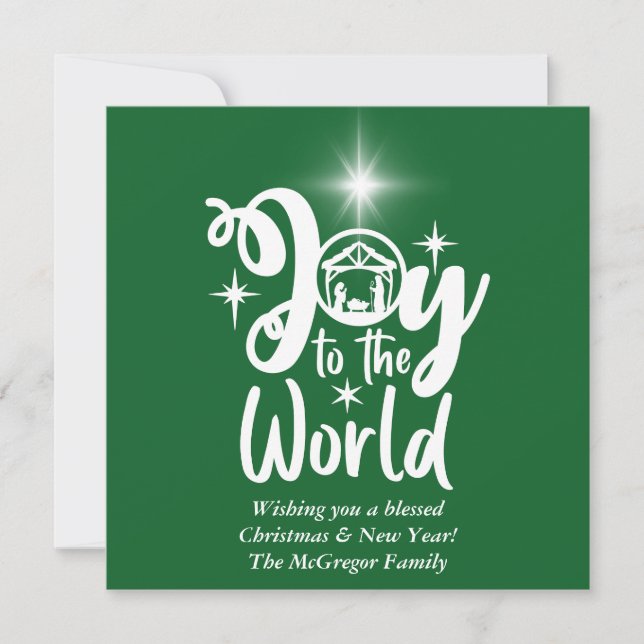 Christmas Nativity Joy to the World Green & White Holiday Card (Front)