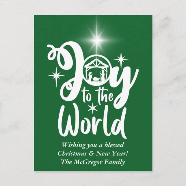 Christmas Nativity Joy to the World Green & White Holiday Postcard (Front)