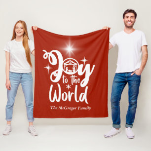 Christmas Nativity Joy to the World Red & White Fleece Blanket