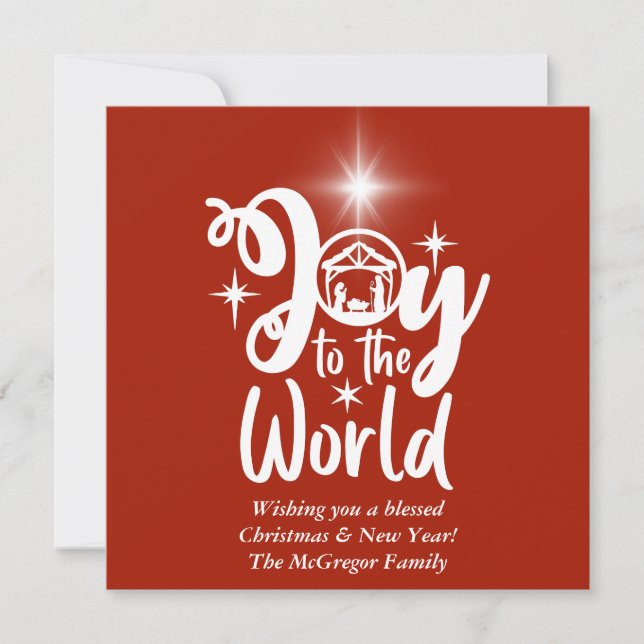 Christmas Nativity Joy to the World Red & White Holiday Card (Front)