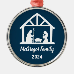 Christmas Nativity Manger Family Name & Year Metal Ornament