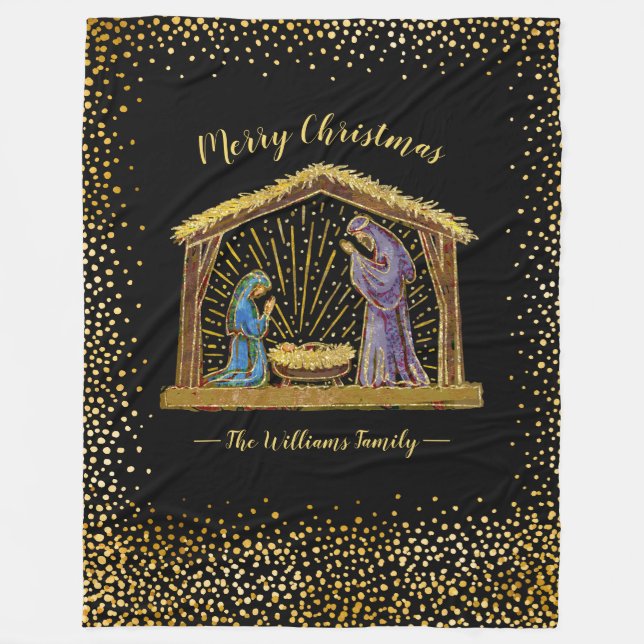 Christmas Nativity Manger Gold Black Family Name Fleece Blanket (Front)