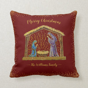 Christmas Nativity Manger Gold Red Family Name Cushion