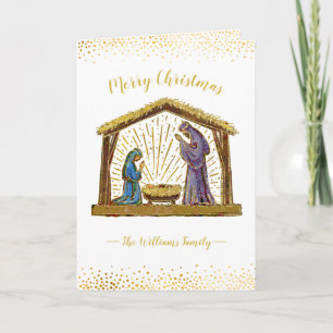 Christmas Nativity Manger White Gold Typography Holiday Card