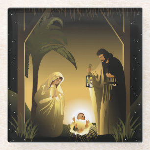 Christmas Nativity Mary, Joseph and Baby Jesus Glass Coaster