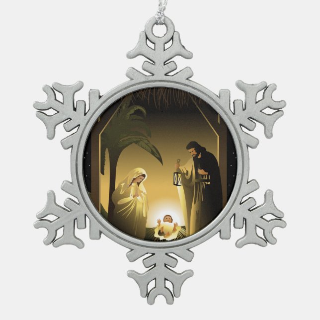 Christmas Nativity Mary, Joseph and Baby Jesus Snowflake Pewter Christmas Ornament (Front)
