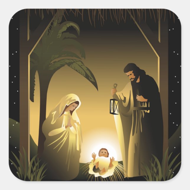 Christmas Nativity Mary, Joseph and Baby Jesus Square Sticker (Front)