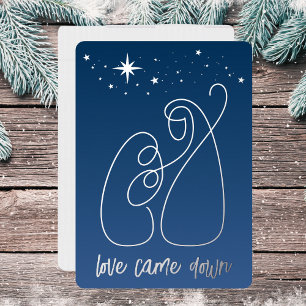 Christmas Nativity Modern Minimal Line Art Blue Foil Holiday Card