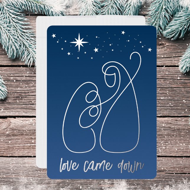  Christmas Nativity Modern Minimal Line Art Blue Foil Holiday Card (Holy Family line art under a starry night.)