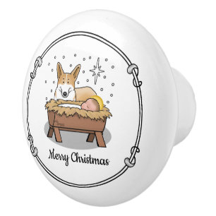 Christmas Nativity Pembroke Welsh Corgi (red1) Fun Ceramic Knob