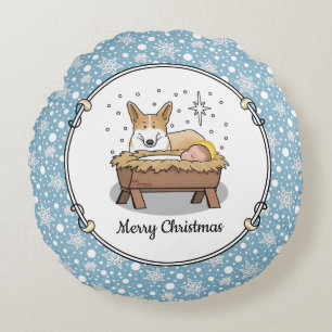 Christmas Nativity Pembroke Welsh Corgi (red1) Fun Round Cushion