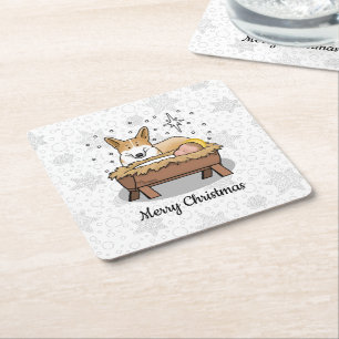 Christmas Nativity Pembroke Welsh Corgi (red1) Fun Square Paper Coaster