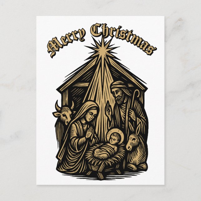 Christmas Nativity Retro Medieval Woodcut Holiday Postcard (Front)