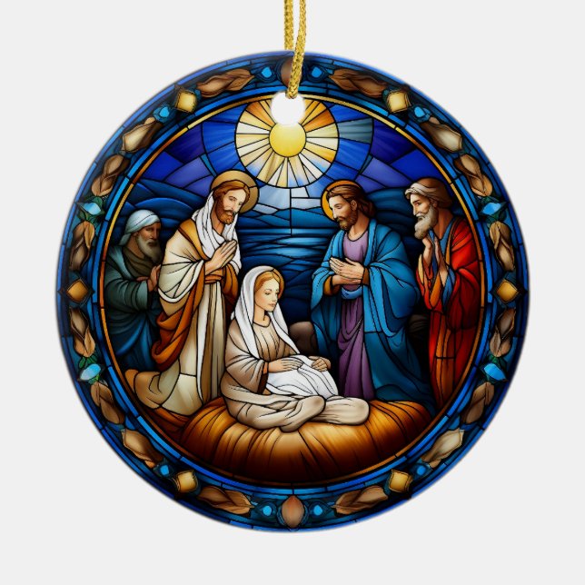 Christmas Nativity Scene Stained Glass Ceramic Ornament (Front)