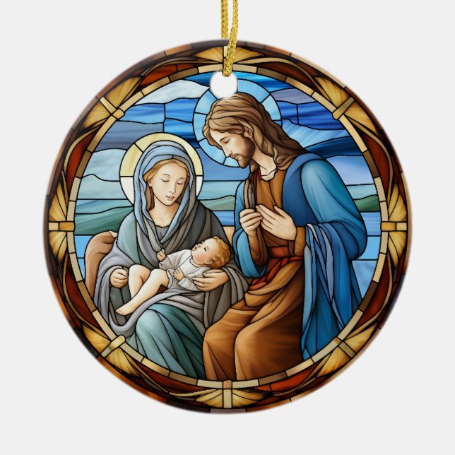 Christmas Nativity Scene Stained Glass Ceramic Ornament (Front)