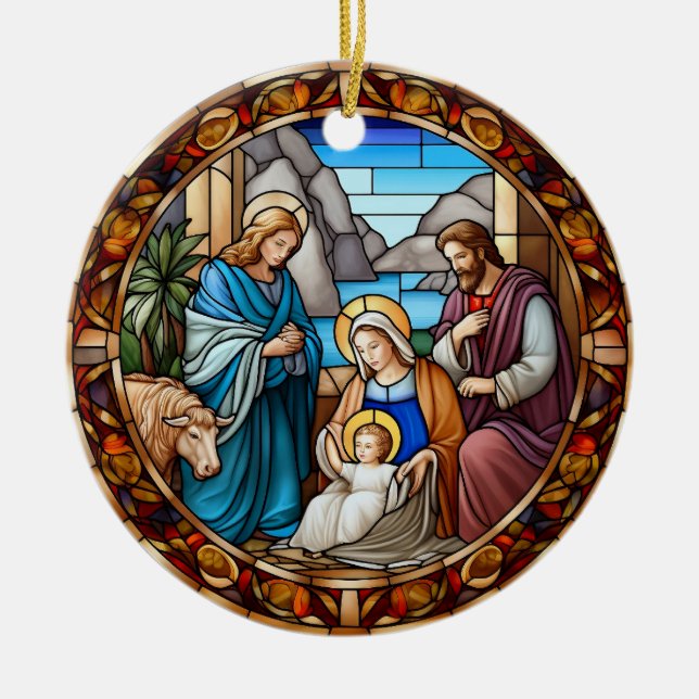 Christmas Nativity Scene Stained Glass Ceramic Ornament (Front)
