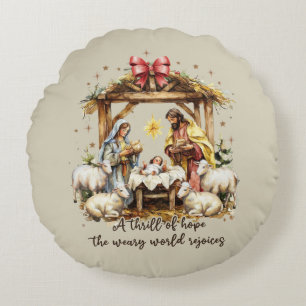 Christmas Nativity Scene Tan/Gold Round Cushion