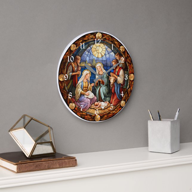 Christmas Nativity Stained Glass Large Clock (Office)