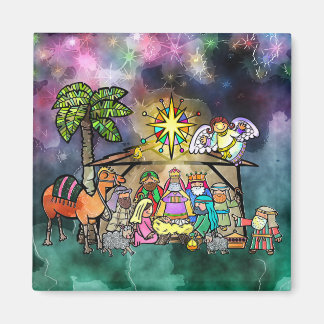 Christmas Nativity Watercolor Doodle Scene Magnet