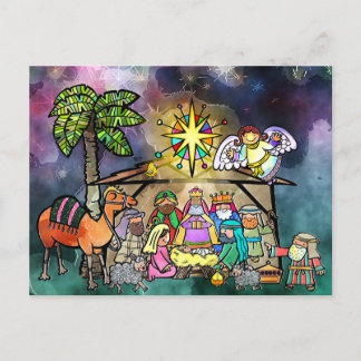 Christmas Nativity Watercolor Doodle Scene Postcard