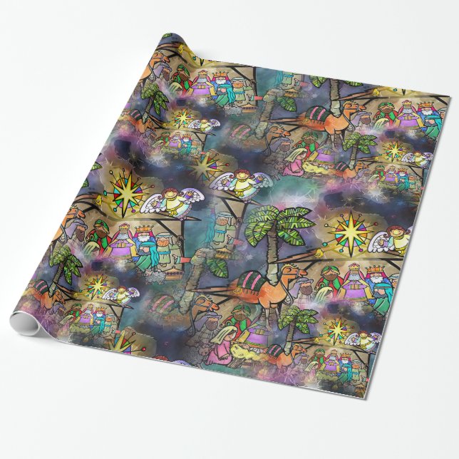 Christmas Nativity Watercolor Wrapping Paper (Unrolled)