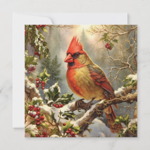 Christmas Nature Forest with Holly Berry, Bird Holiday Card