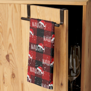 Christmas NAUGHTY Text with Santa Hats Tea Towel