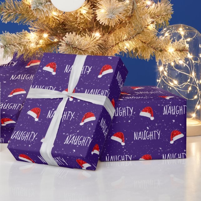 Christmas NAUGHTY Text with Santa Hats Wrapping Paper (Holidays)