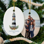 Christmas Nautical Lighthouse Family Photo  Ceramic Ornament<br><div class="desc">Add your own family photo to this personalised nautical Christmas lighthouse ornament,  as a keepsake to remember your fun family beach vacation. Please check out the collection for matching products. If you would like more matching products or other colorways,  please contact me through Zazzle Chat.</div>