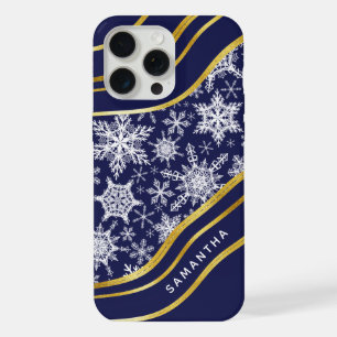 Christmas Navy Blue Gold Monogrammed Snowflakes iPhone 15 Pro Max Case