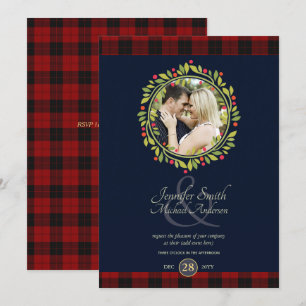 Christmas Navy Blue Wedding PHOTO Buffalo Plaid Invitation