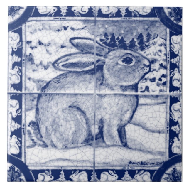 Christmas Navy Blue White Snow Bunny Dedham Delft Ceramic Tile (Front)
