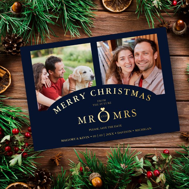Christmas Navy Chic Luxury Golden Effect 2 Photos  Foil Holiday Card (Christmas Navy Chic Luxury Golden Effect 2 Photos Wedding metallic Foil Save the Date Card.)