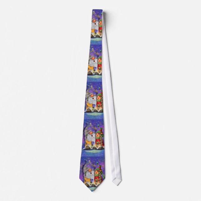 Christmas Neck Tie with Happy Party Couple Gnome (Front)