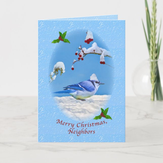 Christmas, Neighbours, Blue Bird and Snow Holiday Card (Front)