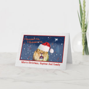 Christmas, Nephew and Family, Lion in Santa Hat Holiday Card