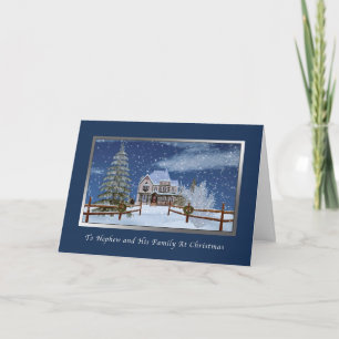Christmas, Nephew and Family, Snowy Winter Scene Holiday Card
