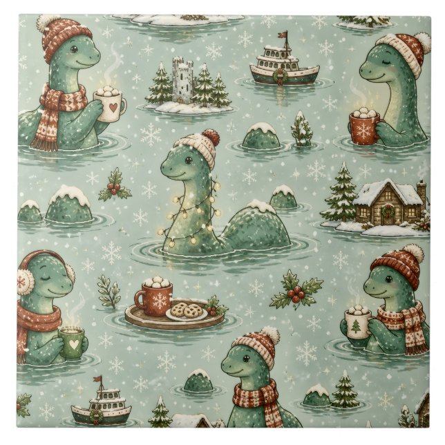 Christmas Nessie Loch Ness Monster Cosy Cryptids  Ceramic Tile (Front)