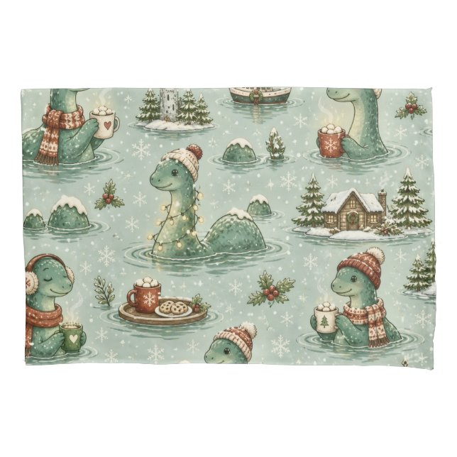 Christmas Nessie Loch Ness Monster Cosy Cryptids  Pillowcase (Front)