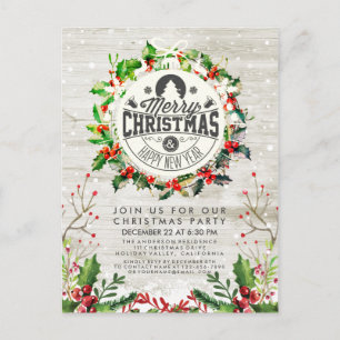 Christmas New Year Holiday Party Holly Wreath Snow Postcard