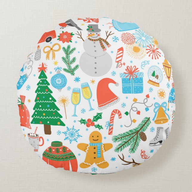 Christmas, New Year icon set. Winter holidays Vint Round Cushion (Front)